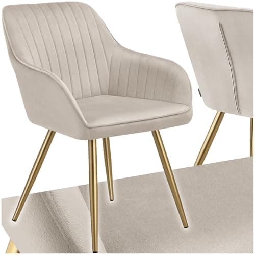 Image of tectake® Dining Chair with Quilted, Velvet-Look Cover, Softly Padded Armchair with Continuous Backrest & Golden Steel Legs, Ideal as Kitchen, Living Room, Bedroom & Desk Chair - Taupe/Gold