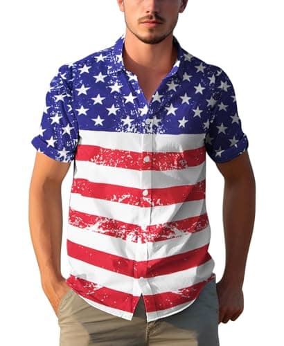 Image of Yoimira 4th of July Shirts for Men,Patriotic Grunge Concept USA Flag Button-Down Casual Short Sleeve Hawaiian Shirts for Men, Star and Stripe, XL