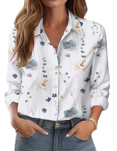Image of Zeagoo Blouses for Women Long Sleeve Floral Printed Party Tops Button Down Stretch Wrinkle Free Summer Party Vintage Hawaiian Fashion Shirt Beige Floral L