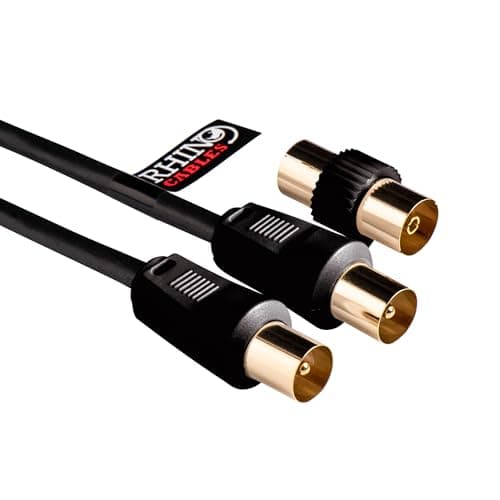 Image of rhinocables Coaxial TV Aerial Cable with Gold-Plated Connectors | Male to Male RF Coax Lead with Female Adapter | Universally Compatible Fly Lead for HD/Standard TVs & Satellite Receivers (2m,Black)