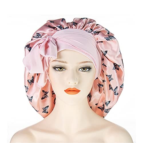 Image of MUFEKUM Hair Bonnet for Sleeping, Printing Satin Bonnet with Stretchy Tie Band Edge Wrap, Wide Band Silk Bonnet Large Night Sleep Cap for Women Girls Hair Care and Sleep (Pink), 1.0 count