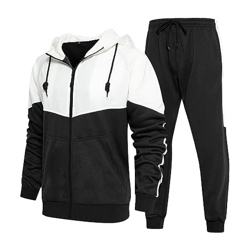 Image of AOTORR Mens Tracksuit Set Full Zip Hooded Jacket Jogging Tops Bottoms Sweatshirt Suit with Pockets TZ95 Black White L