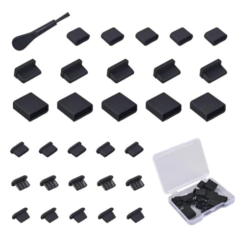 Image of 30x USB Dust Cover Port Plugs: Assorted Silicone USB Cap Port Stoppers for USB Type-C, USB C Male, Micro USB, USB A Female & Male Ports, Complete with Cleaning Brush