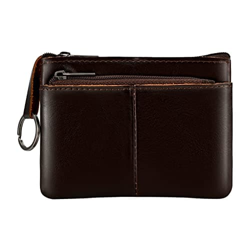 Image of Lidwot Genuine Leather Coin Purse Wallet Mini Zip Change Purse Wallet Coin Pouch with Key Chain 3 Zippers, Dark Brown, Wallet Coin Pouch With Key Chain 3 Zippers