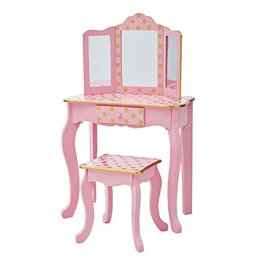 Image of Teamson Kids Princess Gisele Polka Dot Print 2-Piece Kids Wooden Play Vanity Set with Vanity Table, Tri-Fold Mirror, Storage Drawer, and Matching Stool, Pink with Gold Polka Dot Accent