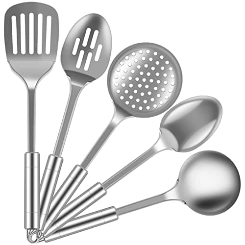 Image of Stainless Steel Kitchen Utensils Set, Heavy Duty Cooking Tools, Metal Spatula Set with Ergonomic Handle Reusable Kitchen Gadgets Tools Set with Hanging Hole for All Cooking Tasks (5Pcs)
