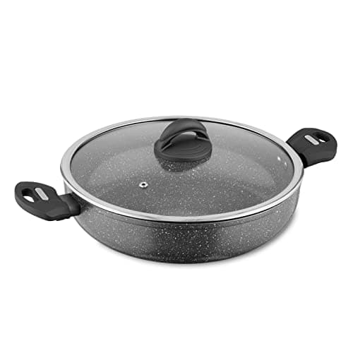 Image of Tower Cerastone Forged Aluminium Low Casserole Pot Suitable for all Hob Types inlcuding Induction with Ceramic Non-Stick Coating, Tempered Glass Lid, Dishwasher Safe, 30 cm, Graphite, T81285