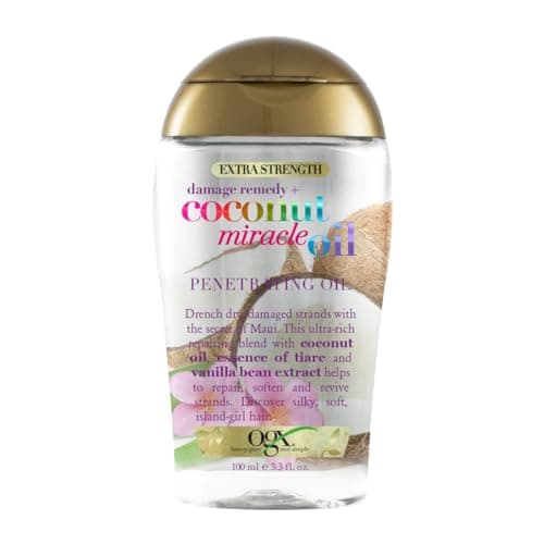 Image of OGX Coconut Miracle Oil Extra Strength Penetrating Hair Oil for Dry, Damaged, and Frizzy Hair, Intense Hydration, Frizz Control, and Shine with Coconut Oil, Tiare, and Vanilla Bean Extracts, 100 ml
