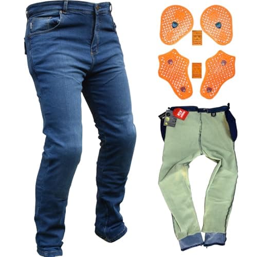 Image of Motorcycle Touring 3D Flat Level 2 Armoured Stretch Denim Dual Layer Biker Jeans - Full Aramid Lined Abrasion Burst Resistance Protection - AA Safety Rated (UK, Waist & Inseam, 34, 32, Blue)