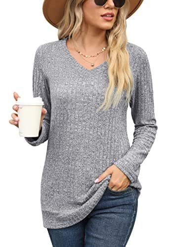 Image of PrinStory Womens Tops Ladies V Neck Jumpers Long Sleeve Solid Color Sweatshirts Comfy Causal Pullover UK Size 10-12 (Light Grey, M)