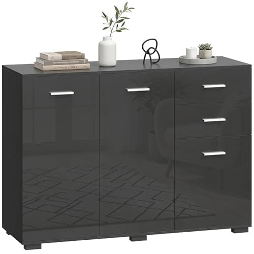 Image of HOMCOM Sideboard, Modern Storage Cabinet with 2 Drawers, 3 Doors and Adjustable Shelves, Kitchen Cabinet for Living Room, Dining Room, High Gloss Black