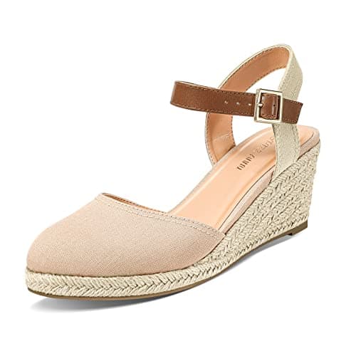 Image of PIZZ ANNU Womens Wedge Sandals Canvas Ladies Espadrilles Summer Elegant Buckle Mid Heel Platform Closed Toe Shoes Nude Size 7.5/8
