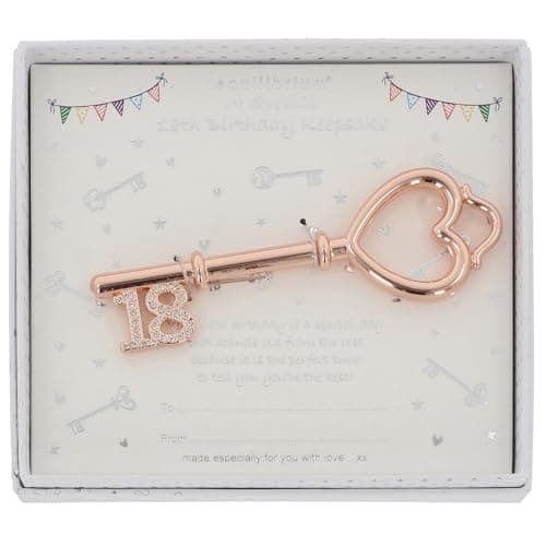 Image of Equilibrium Rose Gold Crystal Heart Key, 21x15cm Decorative box with Diamante Details and Bunting designs, Gift for 18th and 21st Celebrations (Diamante Heart Large 18th Key)