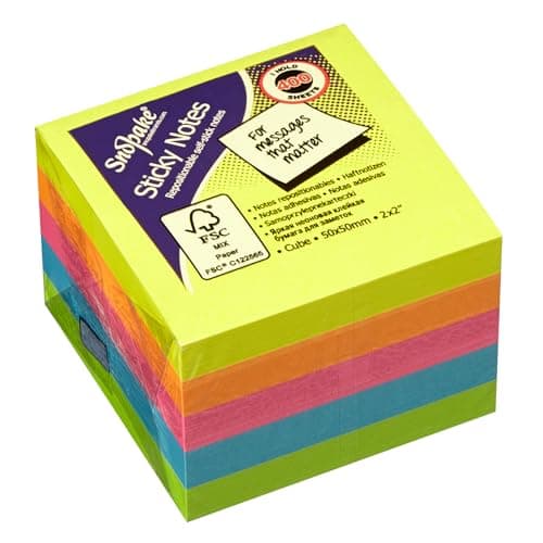 Image of Snopake 50 x 50 mm Neon Assorted Sticky Notes [Pack of 1, 400 Sheets per Pad] 13223