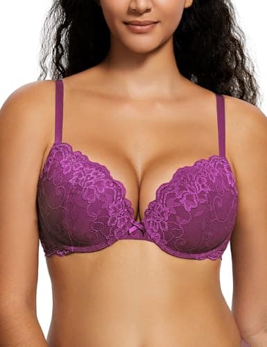 Image of Deyllo Women's Push Up Lace Bra Sexy Deep V Lift Up Bra Underwire Padded Comfort Everyday Bra(Amaranth Purple,38D)