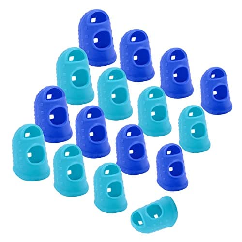 Image of Wisdompro 16 Pcs Finger Tips, 4 Sizes Silicone Finger Thimbles, Fingertip Grips, Finger Protector Pads Cover for Money Counting, Paper Sorting, Sewing, knitting, Guitar Playing - Blue, Aqua
