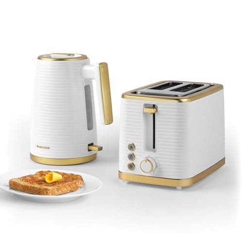 Image of Salter COMBO-7996 Palermo Kettle and Toaster Set – Fast Boil 1.7 L Kettle and 2 Slice Electric Wide Slot Toaster, Water Level Indicator, 7 Browning Levels, Removable Crumb Tray, 3kW/930W, White/Gold