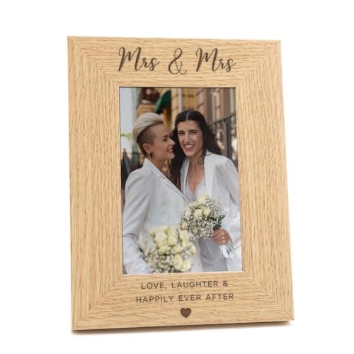 Image of 'Love Laughter And Happily Ever After' Engraved Wedding Photo Frame | Mrs And Mrs | For Gay Couple Lesbian Wedding Anniversary | 7x5 Portrait Photo Frame