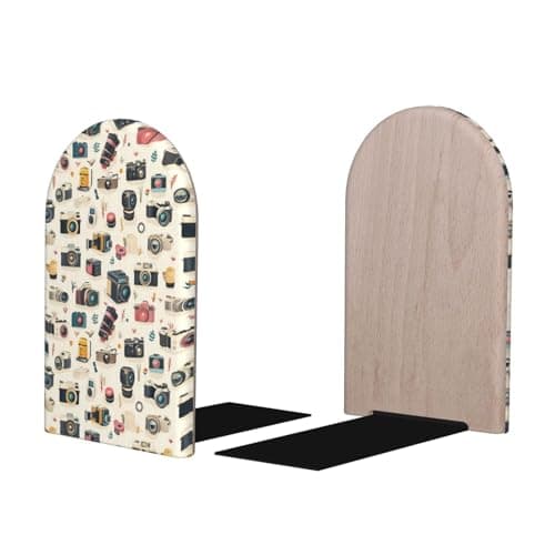 Image of Book Ends for Shelves 1 Pair - Retro Camera Print Wood with Metal Base Bookends for Heavy Books, Book Stand Organizer Holder for Books Cds Movies for Home Office Decorative