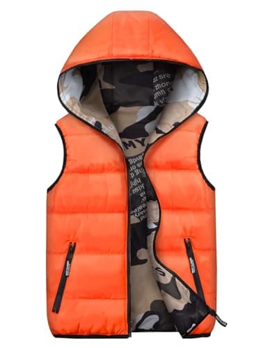 Image of MOMBEBE COSLAND Boys Hooded Gilets Down, Kids Puffer Sleeveless Fall Winter Reversible Vest, Orange, 8-9 Years