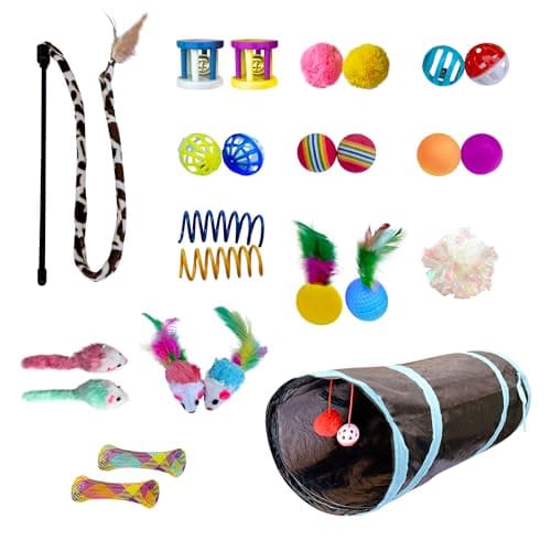 Image of JWPET 25 Pcs Interactive Cat Toys Set - Engaging Tunnel, Teasing Mouse, Feather Wand, Spring Toys & Balls for Indoor Cats - Perfect for Kittens & Adult Cats