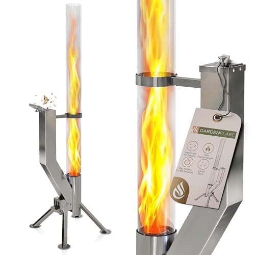 Image of GARDENFLARE Premium Fire Pit - Large Stainless Steel Pellet Torch with Flame up to 1.5 m & Cleaning Brush Included, Fire Column for Garden & Patio - Your Sustainable Outdoor Ambience Fire (Silver)