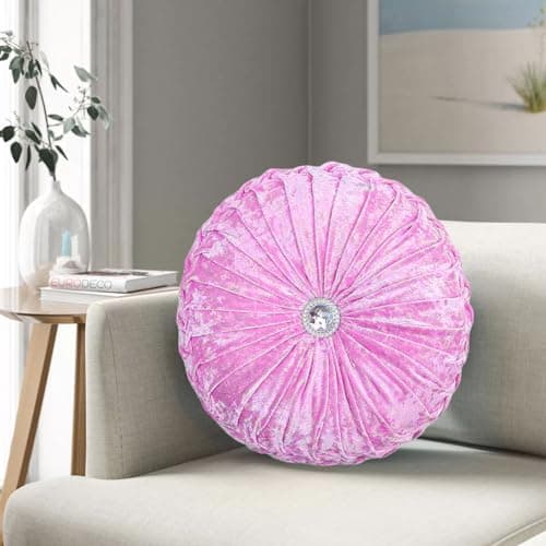 Image of Crushed Velvet Cushion Round Filled Small Large With Stitched Diamond (Pink)