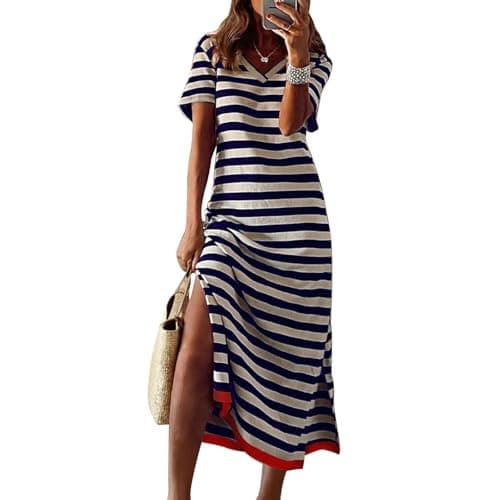 Image of TcIFE Women's Summer Dress V Neck Casual Stripe Dress Short Sleeve Long Side Split Beach Sundress Navy Blue