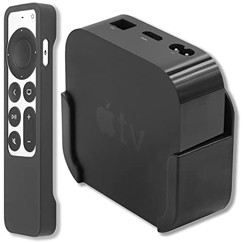 Image of Pinowu Wall Mount Bracket Holder Compatible with Apple TV 4K / HD, TV Mount with Wrist Strap and Siri Remote Protective Case Cover (2nd Generation) (Black)