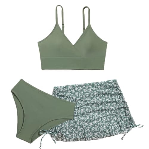 Image of Momkonzz Girls Swimming Costume Kids Swimsuits Bikini Set 3 Piece Bathing Suits Teen Flower Bikini Strap Set with Skirt Cover Up Surfing Beach Swimwear Green 7-8 Years