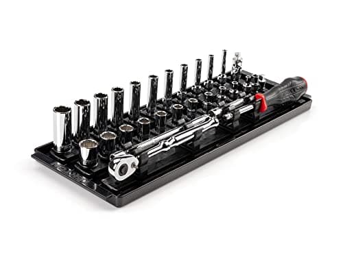 Image of TEKTON 1/4 Inch Drive 12-Point Socket and Ratchet Set with Rails and Tray, 29-Piece (5/32-9/16 in.) | SKT03102