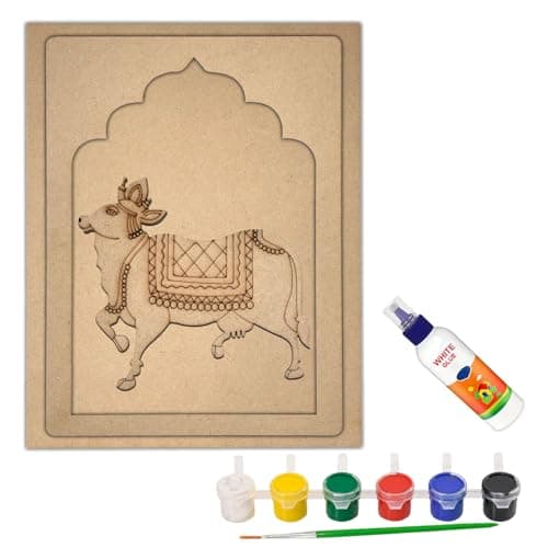Image of WRAPPING STUDIO MDF Board for Lippan Art - Pre-Marked Pichwai Cow in Jharokha Design Cutouts for Craft, Painting, DIY Projects - Eco-Friendly MDF Wood, 30x23 cm, with Colors and Glue