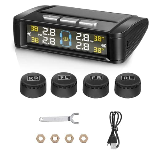 Image of Tyre Pressure Monitoring System TPMS with 4 External Sensors, Wireless Car Tire Pressure Monitoring Solar/USB Charging In-Cab Temp/Psi Alerts, 0-6 Bar/72 PSI Range Universal for Vans, Car, SUV Trailer