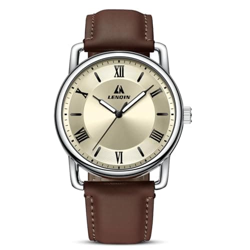 Image of LN LENQIN Mens Watches Leather Watch Analog Quartz Watches Men 30M Waterproof Men's Wrist Watches Fashion Business Watch for Man (Dark Brown Silver Gold2)