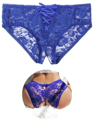 Image of ohyeahlady Thongs for Women Sexy Panties Plus Size Sheer Lace Underwear Soft Stretchy French Knickers Low Rise Brazilian Knickers Underpants Lace Up Bikini Briefs 1 Pack Blue Size 16 18