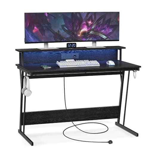 Image of VASAGLE Gaming Desk with LED Lights and Built-In Power Outlets, Computer Desk with Monitor Shelf, Gaming Table for 2 Monitors, Office Desk, for Bedroom, 60 x 120 x 76 cm, Ebony Black LWD292B56