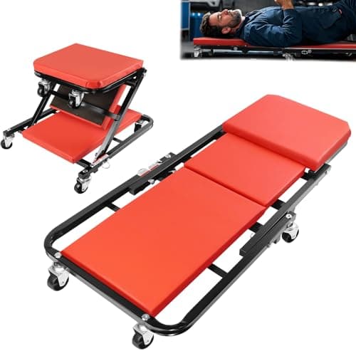 Image of 2-In-1 Folding Mechanics Creeper Seat, 36inch Workshop Crawler Rolling Garage Seat Mechanic Chair Car Creeper with Soft Cushion and 6 Universal Wheels for Under Vehicle Repair, 150kg Load Capacity