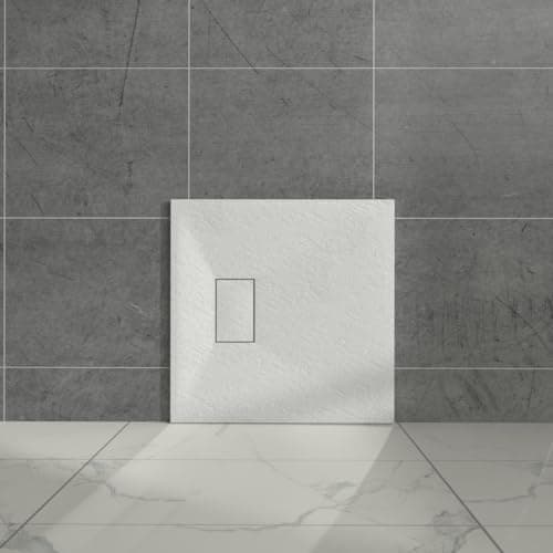 Image of Aquariss White 700x700mm Square Shower Tray with Waste Trap Slate Effect Slip-Resistant Cubicle Base for Bathroom Enclosures Wetroom