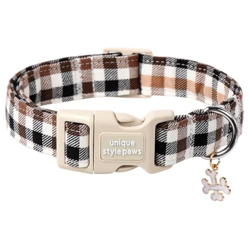 Image of Unique style paws Dog Collar Quick Release Cotton Brown Plaid Collar Gift Durable Cute Collar for Small Medium Large Boys Girls Dogs