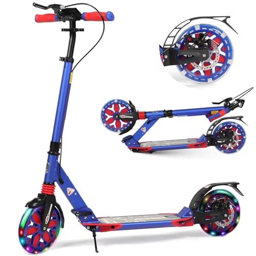 Image of H.yeed Kick Scooter for Kids Ages 8-12, 200mm Big Wheels for Adults with Disc Brakes, Adult Scooter with Carry Strap and Double Shock Absorption, Foldable Scooters for Teenagers 11-15 (Red&Blue)