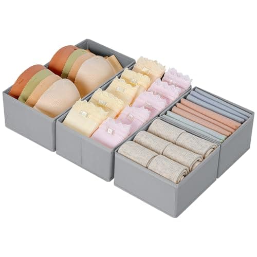 Image of DIMJ Drawer Organisers 4 Pack Foldable Storage Box, Fabric Wardrobe Storage, Dresser Drawer Dividers Cubes for Bras, Socks, Underwear, Ties, Scarves, Cosmetics (Grey)