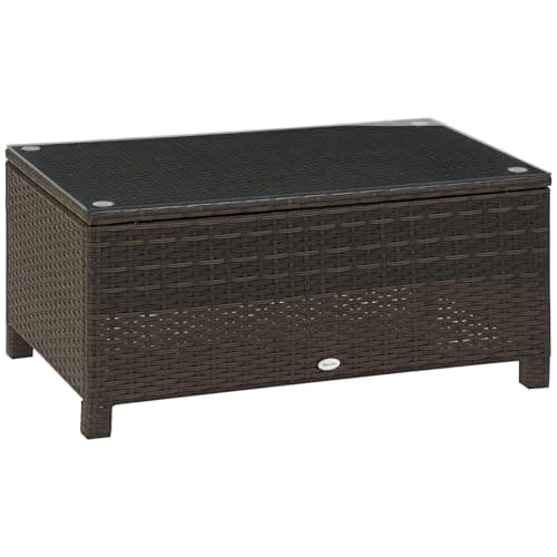 Image of Outsunny Outdoor PE Rattan Coffee Table, Rectangular Garden Tea Table w/Tempered Glass Top, Mixed Brown