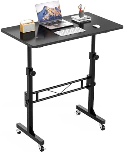Image of HOMIDEC Height Adjustable Standing Desk, 80x40cm Mobile Small Desk, Portable Home Office Computer Desks with Wheels, Modern Simple Style Desks for Bedroom, Living Room, Office, Black