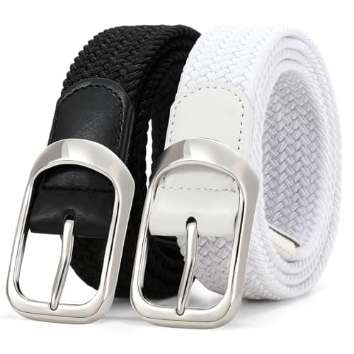 Image of WERFORU 2 Pack Stretch Woven Belts Men's Elastic Braided Belt 1 3/8 Casual Golf Belt for Jeans Pants Black+White