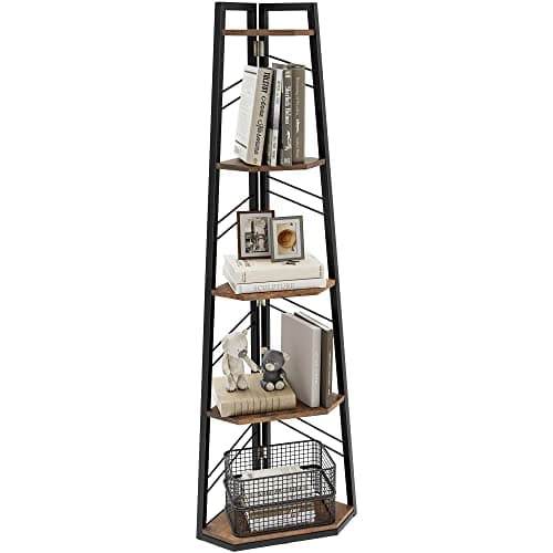 Image of DWVO Corner Shelf 5 Tiers, Corner Bookshelf with Metal Frame, Industrial Ladder Bookcase Floorstanding Display Shelf Tall Storage Rack for Living Room Kitchen Bedroom, Rustic Brown Book Shelves