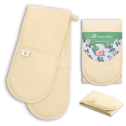 Image of Butter Yellow Oven Gloves | Thick Potholders Heat Resistant | Quilted Cotton & Silicone Non-Slip Design Pot Holders for Baking Cooking BBQ | Machine Washable Oven Mitts Kitchen Accessories