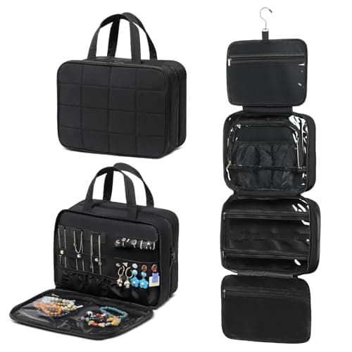 Image of SUIKIHUM Travel Hanging Toiletry Bag for Women, Puffy Makeup Bags with Accessories Organizer Carry-on Essentials with Waterproof Compartment, Black