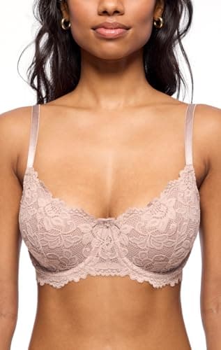 Image of Jenny Jen Emma Underwire Lace Bra, Unpadded Sheer Lingerie for Women, Perfect Everyday Balconette Demi Bra (34C, Moonshell)