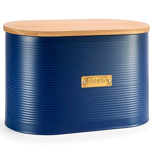 Image of EHC Space Saving Extra Large Bread Box Bin With Wooden Lid, For Kitchen Countertop Bread Storage, Navy Blue, 8 L, 34 x 19.5 x 20.5 cm