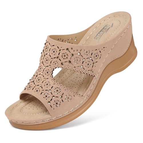 Image of SHIBEVER Wedge Sandals for Women Dressy: Summer Slip On Womens - Slide Comfortable Walking Platform Sandals, 09 Nude, 7 UK